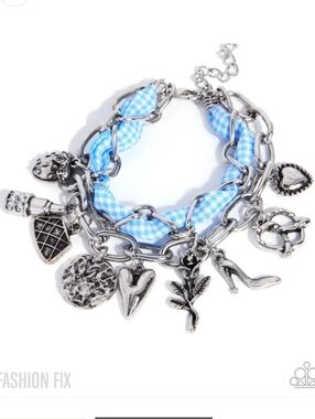 PROM and Pattern paparazzi Silver Charm Bracelet Light Blue Plaid Ribbon Accents